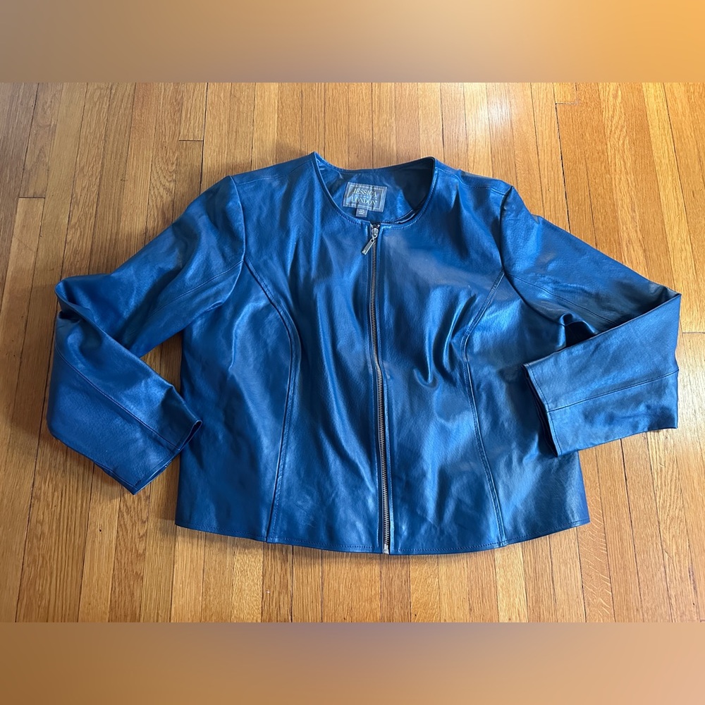 Vintage Blue Collarless Leather Jessica London Jacket, Size 20W